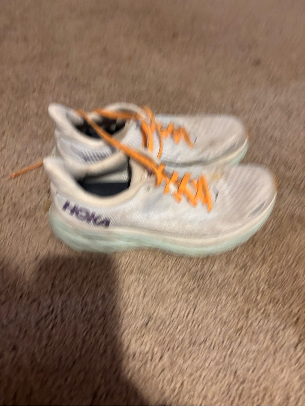 Hoka Kids White Sneakers with Orange Laces and Purple Logo